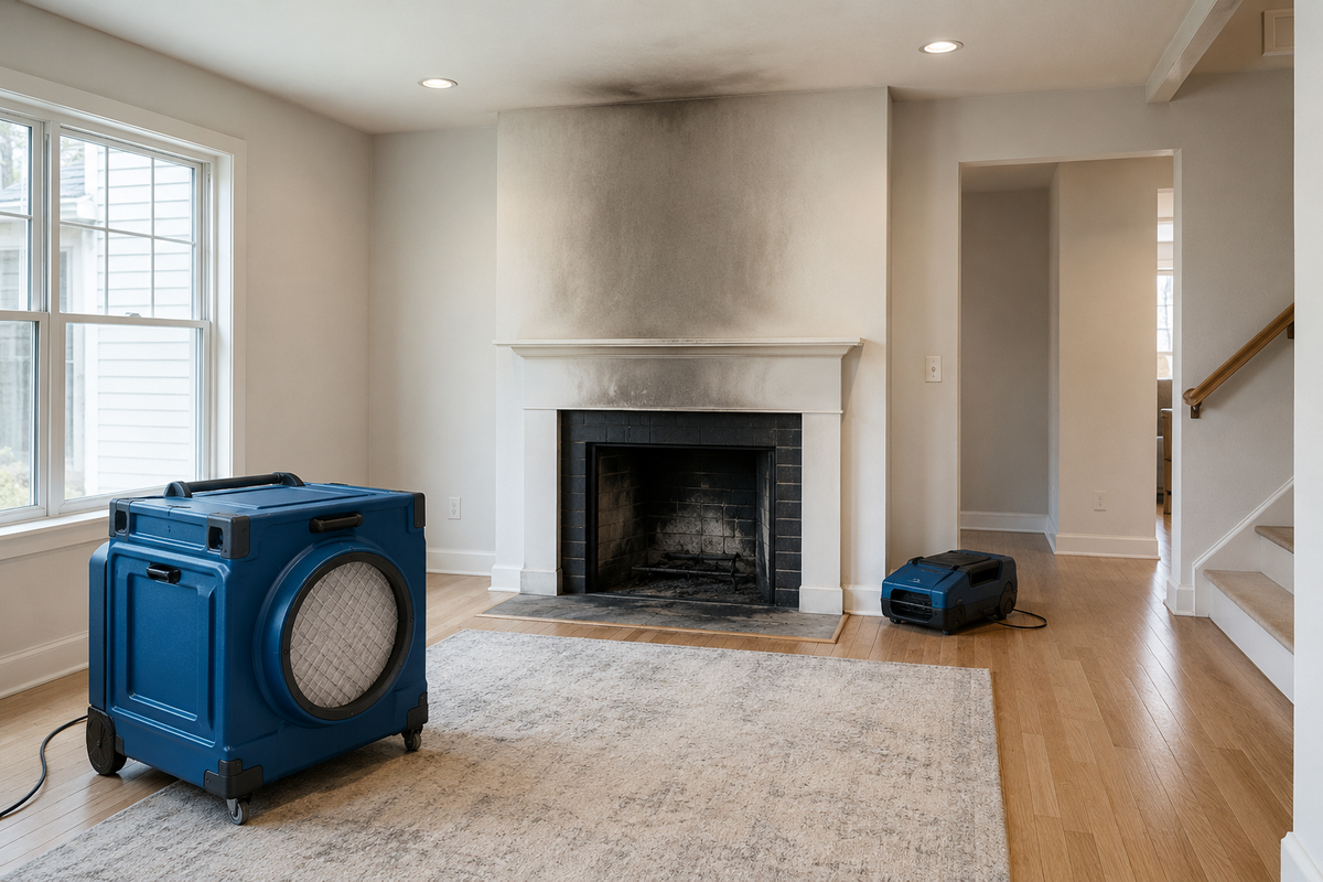 Air-cleaning equipment running during odor treatment in a Farmington home